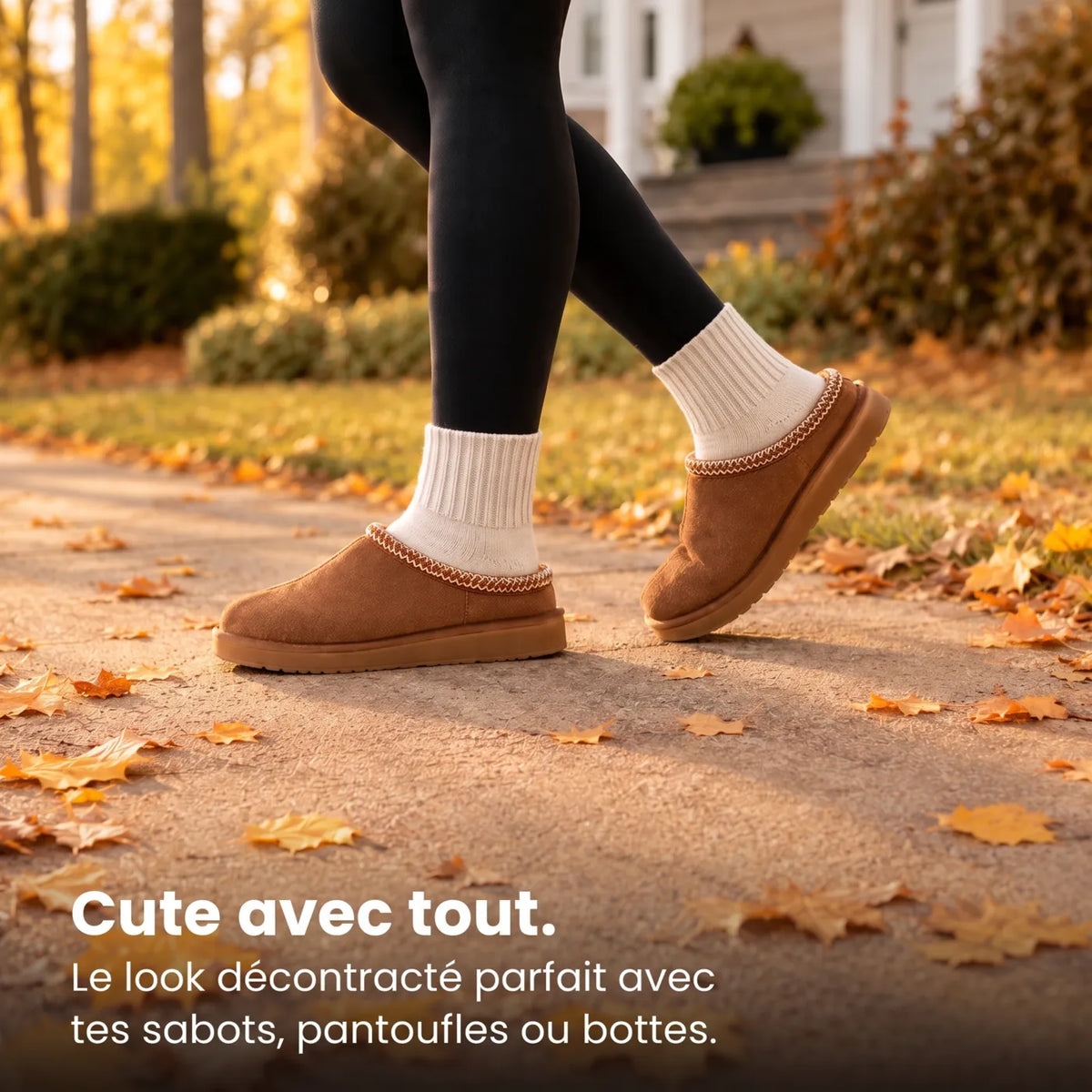 Bas Jurelo crème portés avec des sabots, en automne